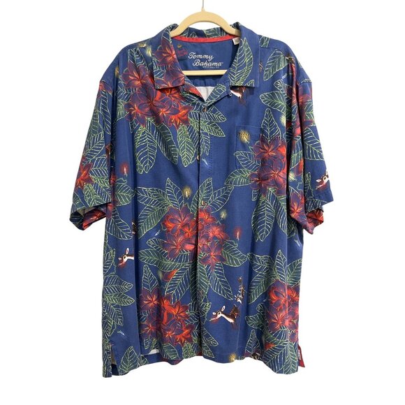 Tommy Bahama Other - Tommy Bahama Mens XXL Original Fit Silk Hawaiian Shirt Blue Red Rudolf Reindeer
